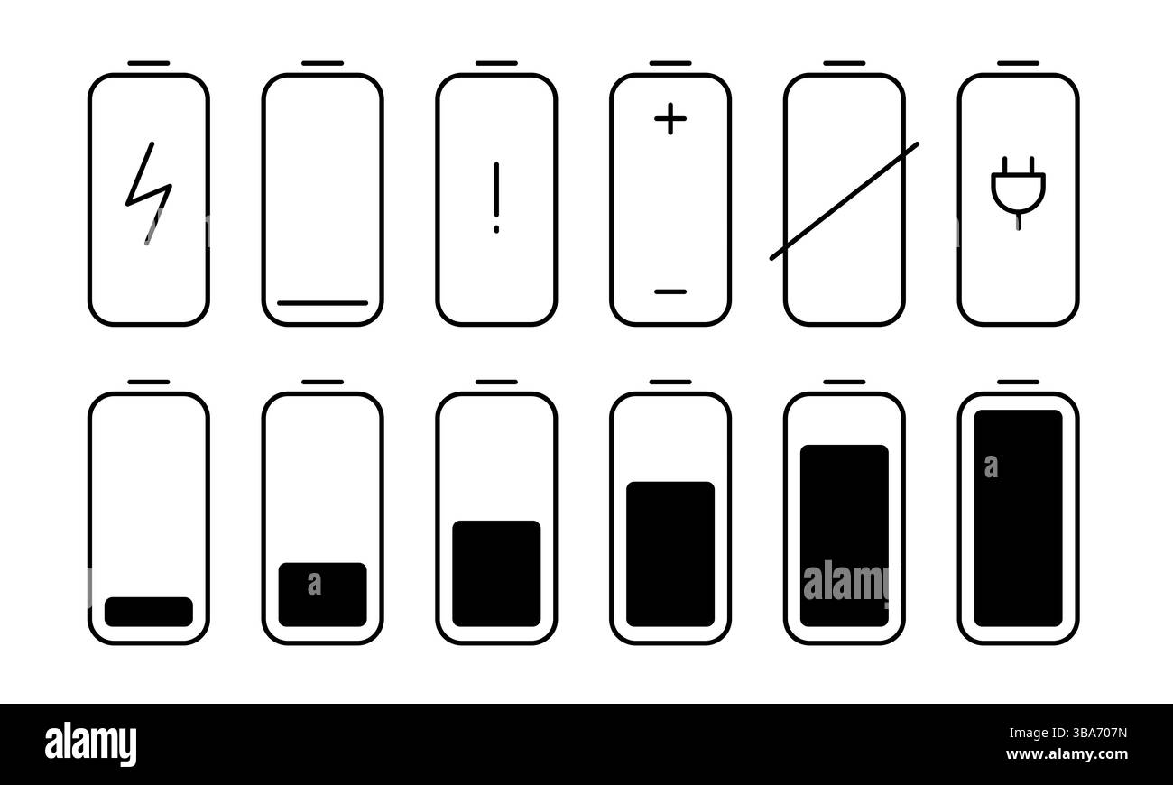 Batteria. Raccolta di diversi simboli del caricabatteria Illustrazione Vettoriale