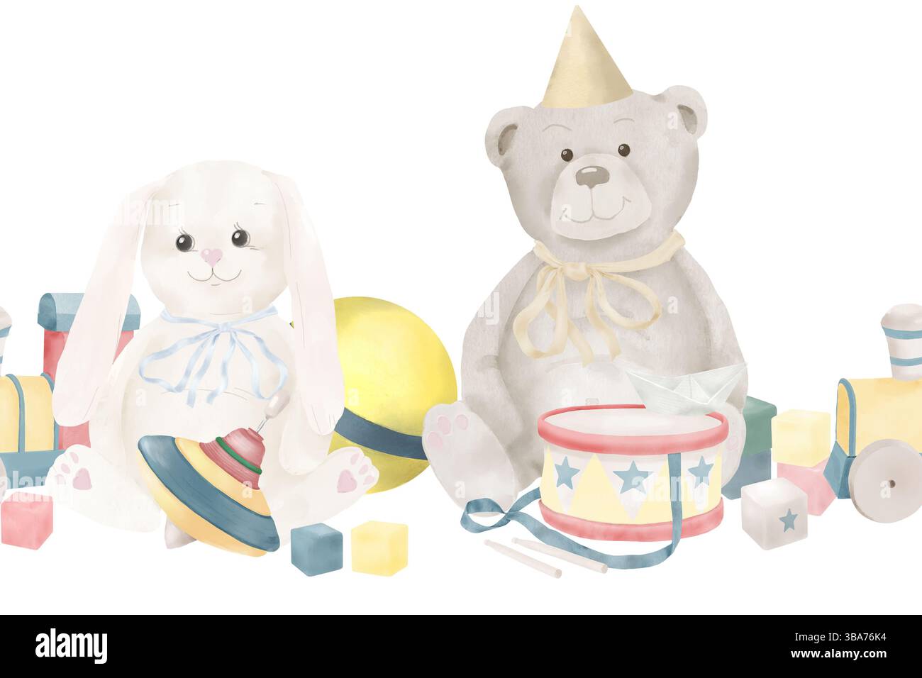 Un coniglietto di peluche, giocattoli di legno su ruote e un orsacchiotto. Illustrazione acquerello. Un bordo senza cuciture con un trenino giocattolo, una palla e un top rotante per bambini Foto Stock