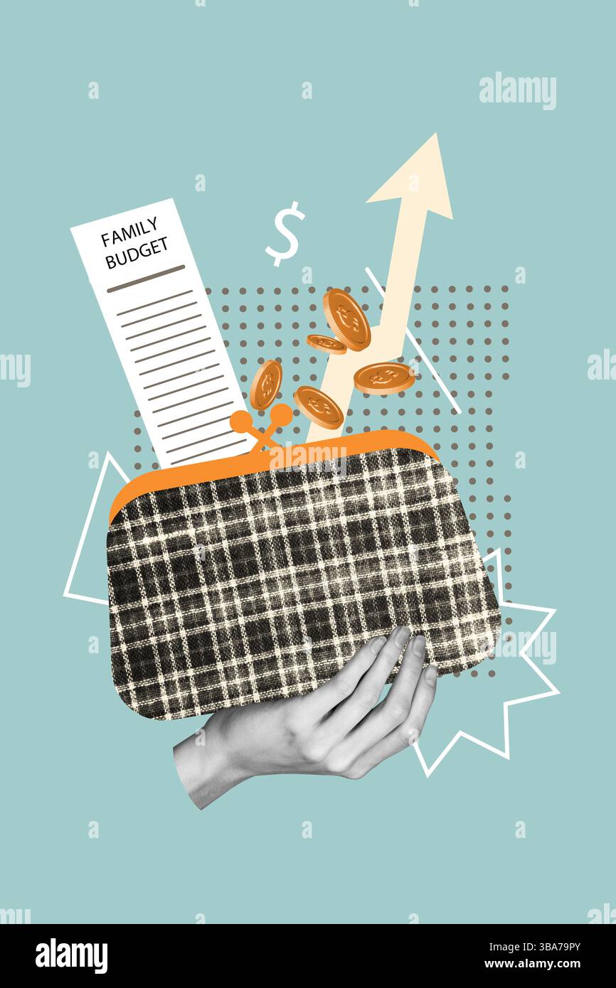 Grafica composita modello di collage fotografico schizzo di una tasca a mano aperto budget famiglia freccia in alto inflazione valuta del mercato finanziario Foto Stock