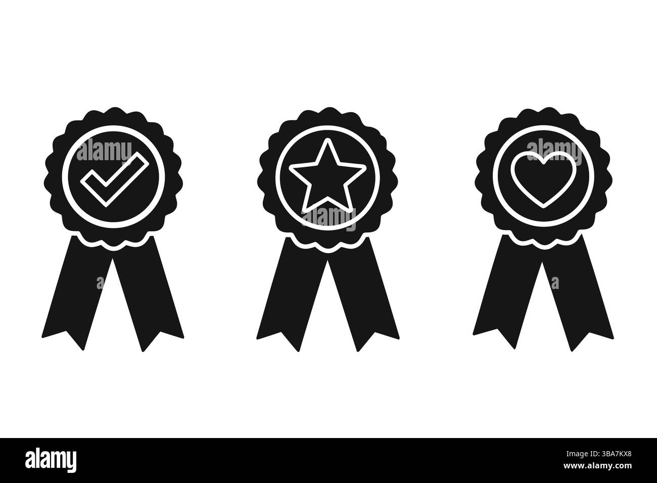 Set di icone vettoriali di badge di garanzia di qualità con stella a forma di segno di spunta e simbolo del cuore Illustrazione Vettoriale