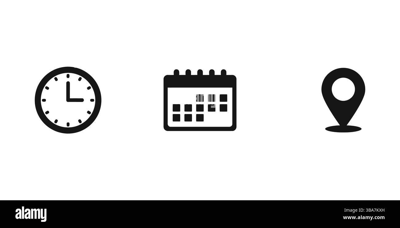 Icona posizione calendario orologio Imposta vettore ora data luogo simbolo risorsa grafica Illustrazione Vettoriale