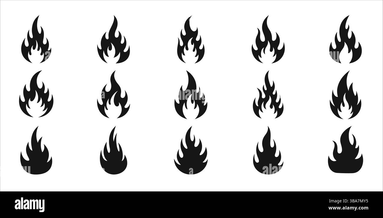 Set di icone vettoriali di fiamma, collezione di simboli di fuoco, pacchetto elementi grafici falò Illustrazione Vettoriale