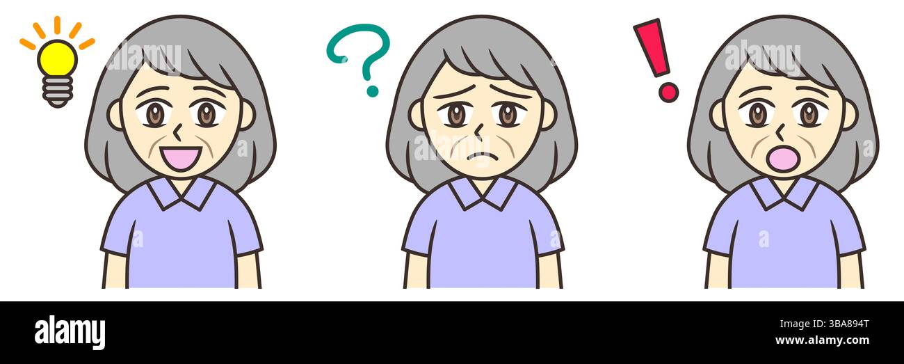 pensare ai volti di una donna anziana con tre simboli Foto Stock