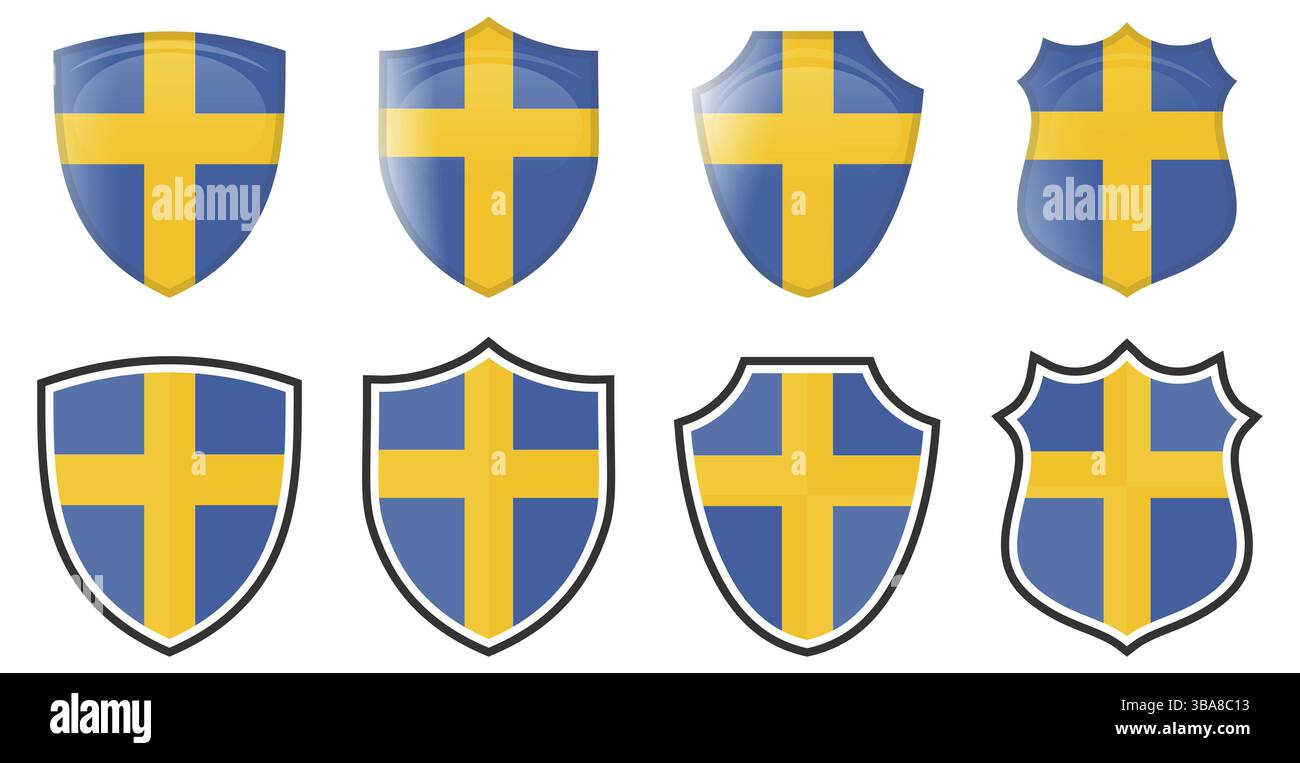 Bandiera svedese verticale a forma di scudo, quattro versioni 3d e Simple. Simbolo/simbolo Svezia Foto Stock Bandiera svedese verticale a forma di scudo, quattro versioni 3d e Simple. Simbolo/simbolo Svezia Foto Stock
