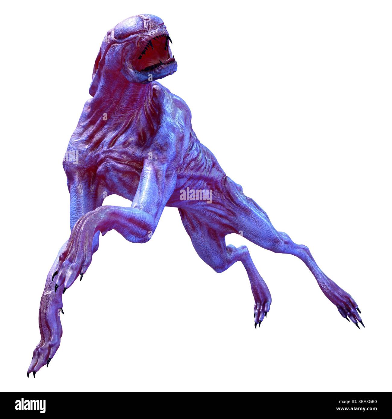 Rendering 3D di un cane alieno viola isolato su sfondo bianco Foto Stock