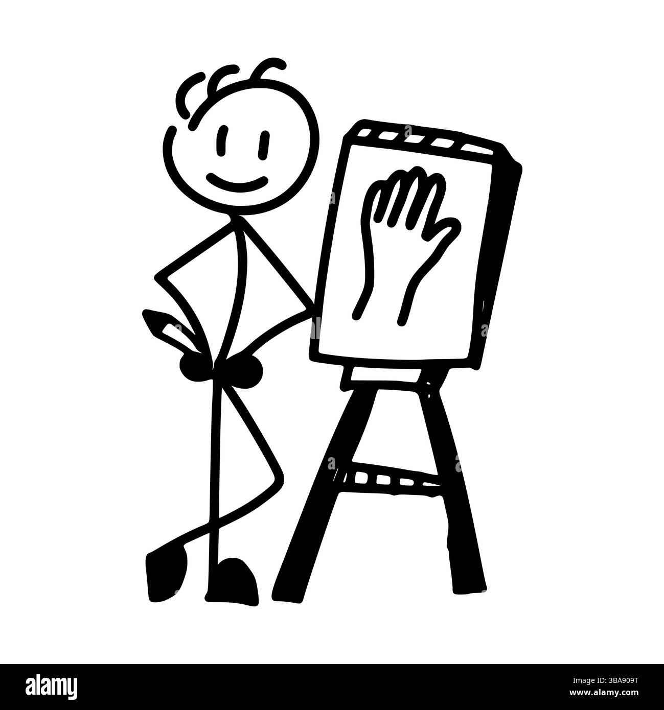 L'uomo disegna una mano in stile doodle isolata su sfondo bianco Foto Stock