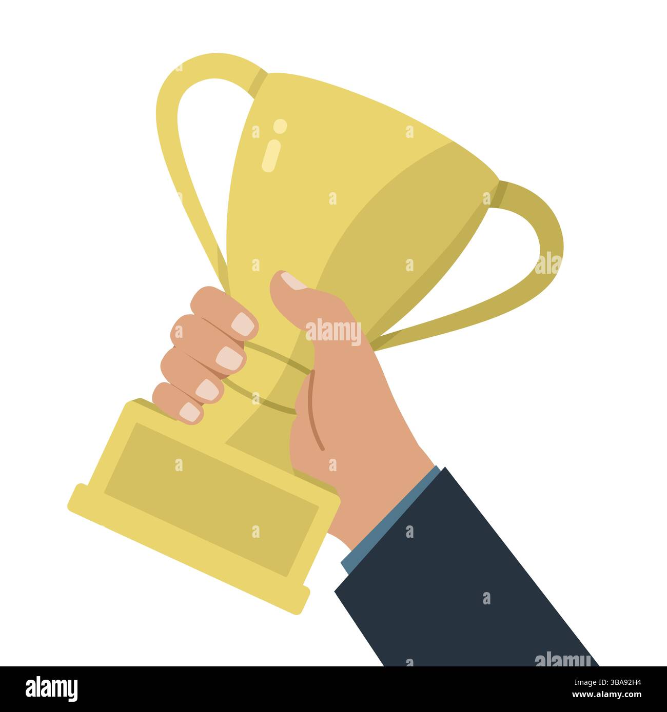 Illustrazione vettoriale di una mano che regge una coppa dei trofei d'oro. Il campione detiene il premio per il vincitore. Concetto di business Foto Stock