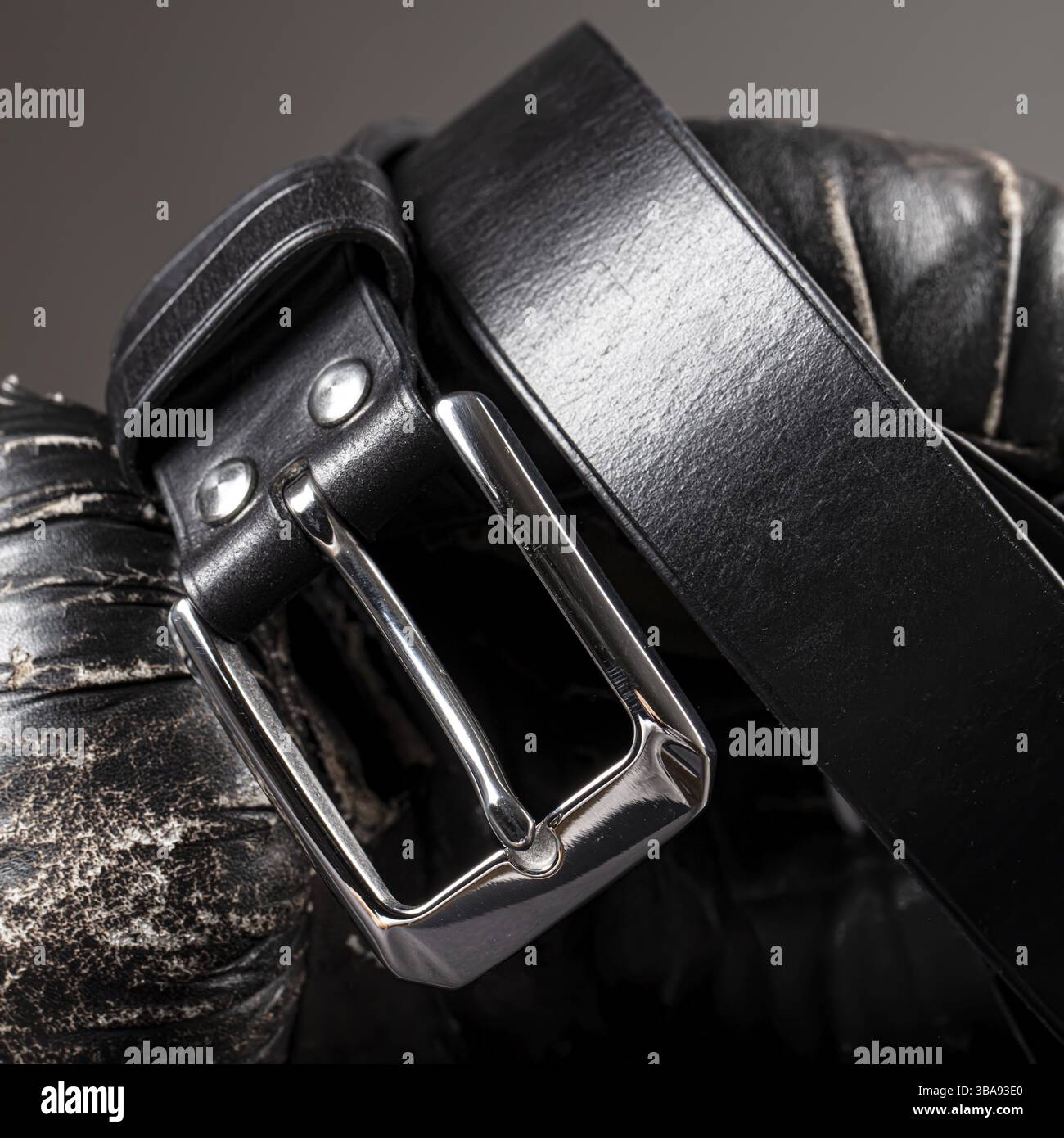Parte di una cintura nera in pelle di coccodrillo. Articoli in pelle costosi Foto Stock