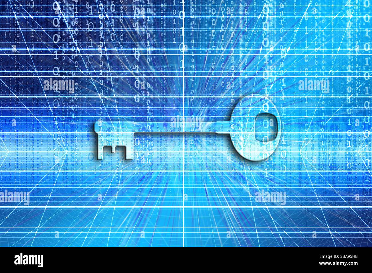 background codice binario chiave e computer, concetto per l'accesso sicuro e la protezione da malware Foto Stock