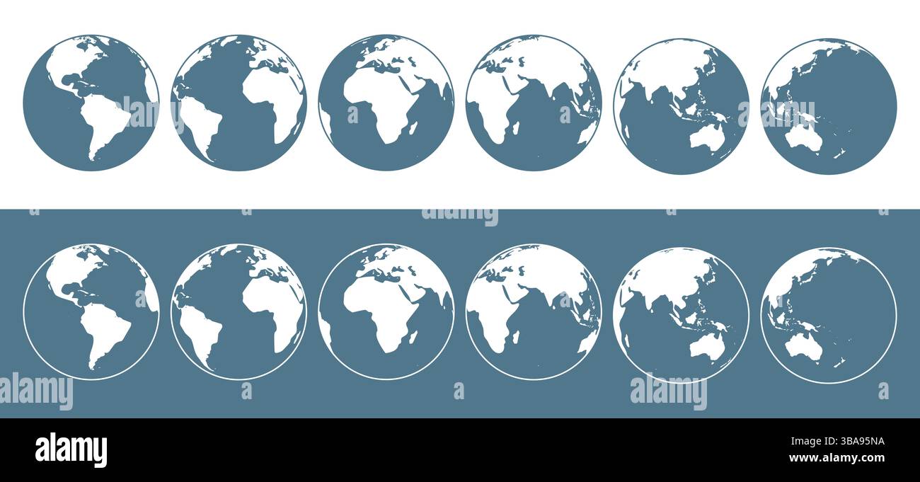 Serie di illustrazioni vettoriali piatte del globo terrestre da diversi lati Foto Stock