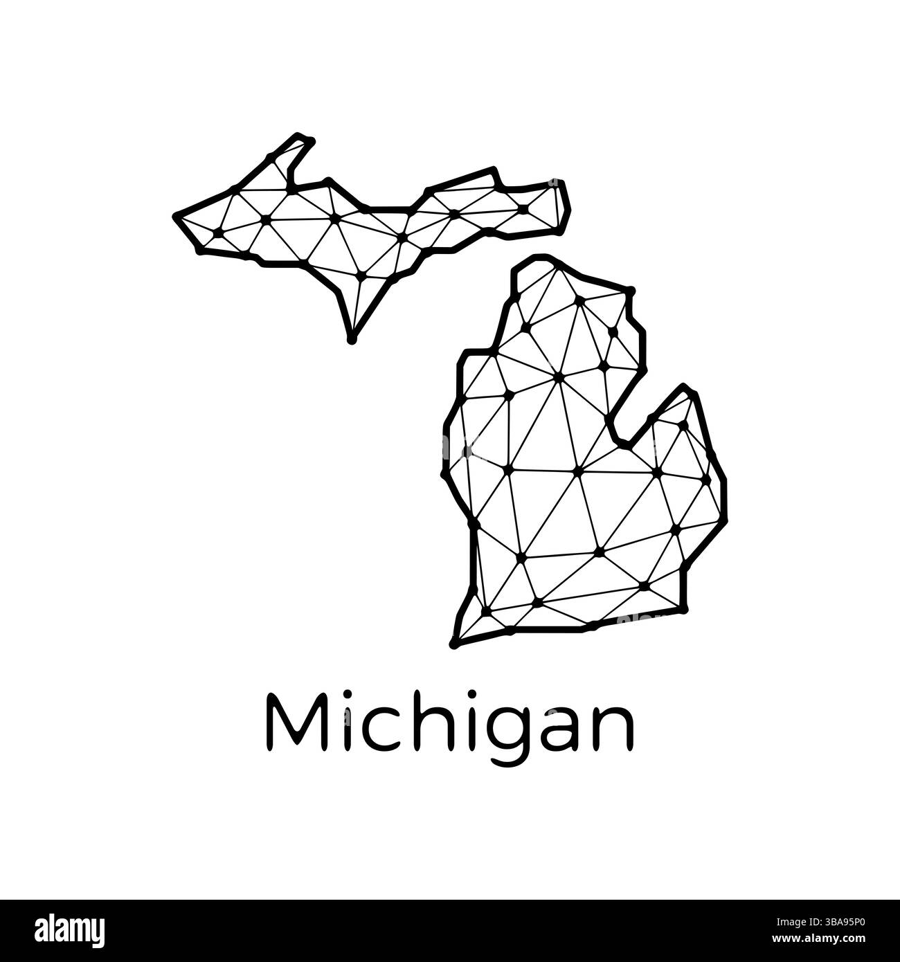 Mappa statale del Michigan poligonale Illustration aus Linien und Punkten, isoliert auf weissem Hintergrund. Design a basso contenuto di polietilene dello stato DEGLI STATI UNITI Foto Stock