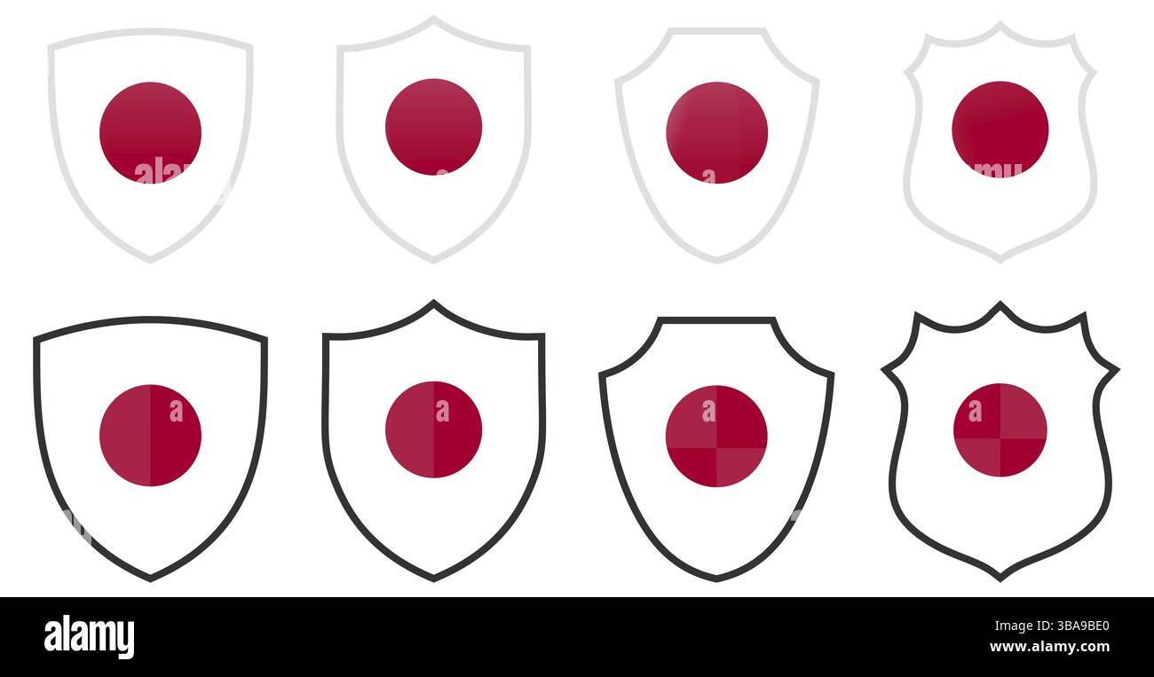 Bandiera giapponese verticale a forma di scudo, quattro versioni 3d e semplici. Icona / simbolo Giappone Foto Stock