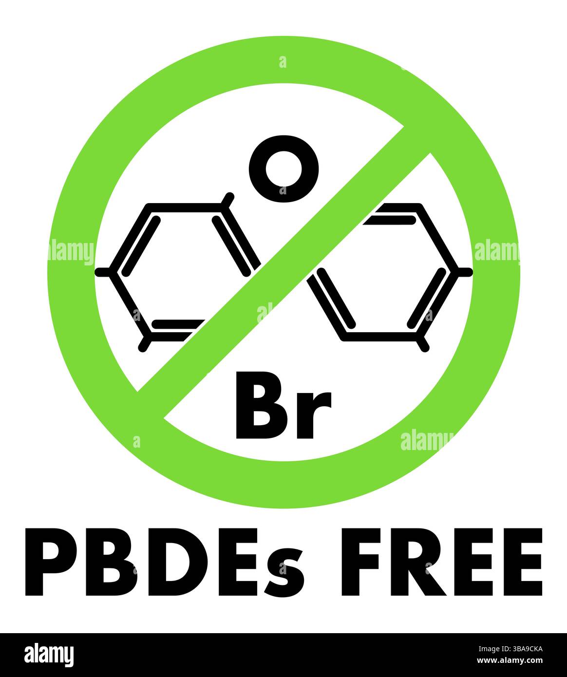 Pbde free icon. Etere di difenile polibromurato molecola chimica e lettere Br e O (i simboli chimici per il bromo e ossigeno) in verde attraversato circ Foto Stock