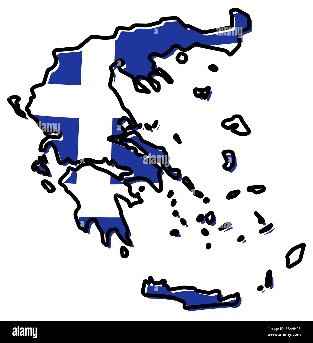 Mappa semplificata della Grecia, con una bandiera leggermente piegata sotto di essa Foto Stock
