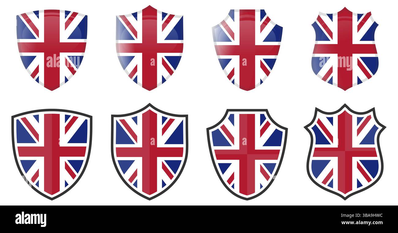 Bandiera inglese verticale a forma di scudo, quattro versioni 3d e semplici. Icona / segno Regno Unito Foto Stock