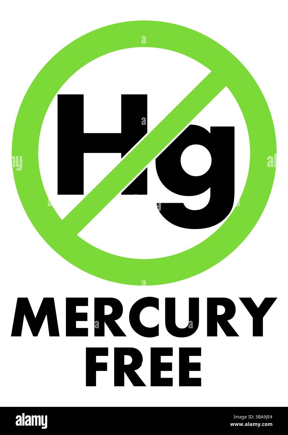 Icona senza mercurio. Lettere Hg (simbolo chimico) in un cerchio verde incrociato, con testo in Foto Stock
