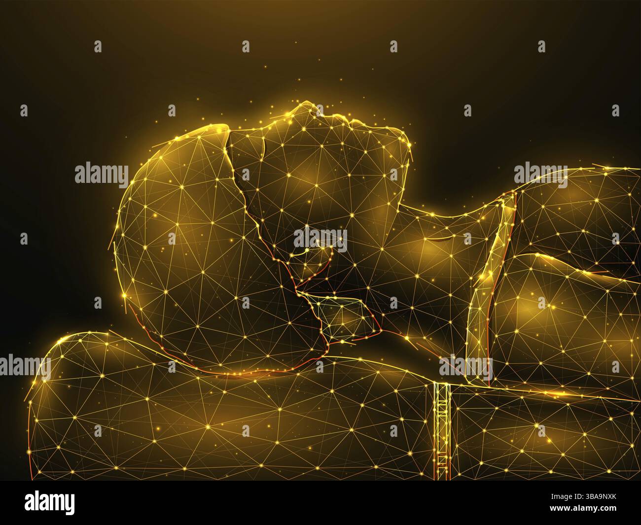 Poligonale Vektorillustration eines Patienten, der auf dem Operationstisch liegt. Eine person liegt auf einem Bett lo Poly Kunst Foto Stock