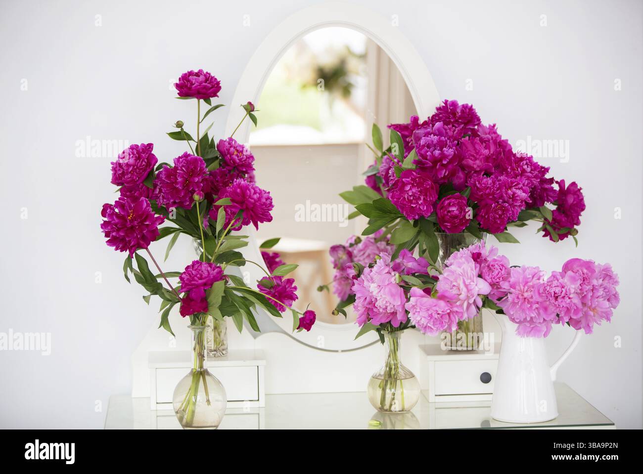 Peonie luminose di fronte a una parete bianca e a uno specchio Foto Stock