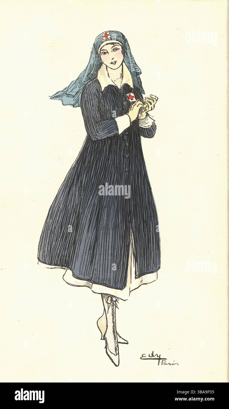 Infermiera che tiene le mani insieme - incisione storica Foto Stock