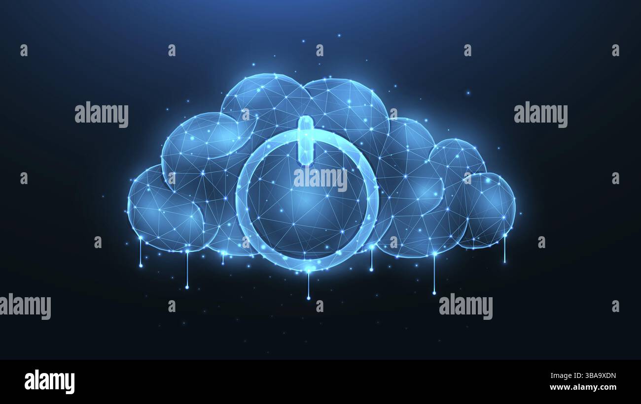 Polygonale Vektorillustration einer Wolke mit einem Machtsymbol auf einem dunkelblauen Hintergrund. DAS Konzept von Cloud Computing und Datenspeicheru Foto Stock