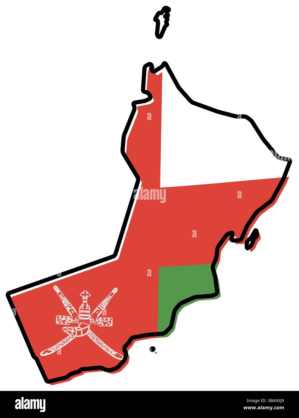 Mappa semplificata del contorno dell'Oman, con una bandiera leggermente piegata sotto di esso Foto Stock