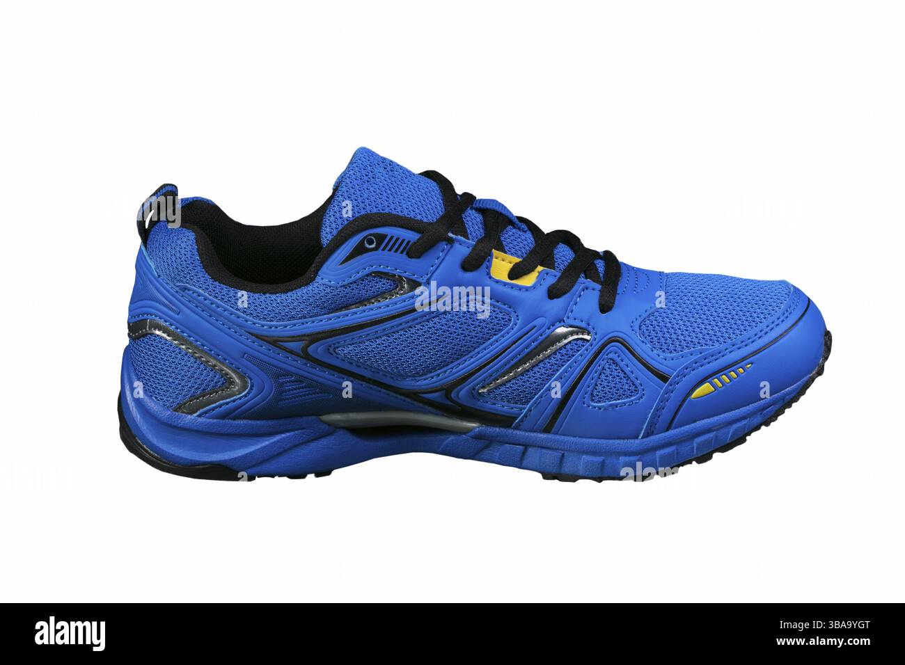Sneaker blu isolate con dettagli gialli. Istruttori Foto Stock