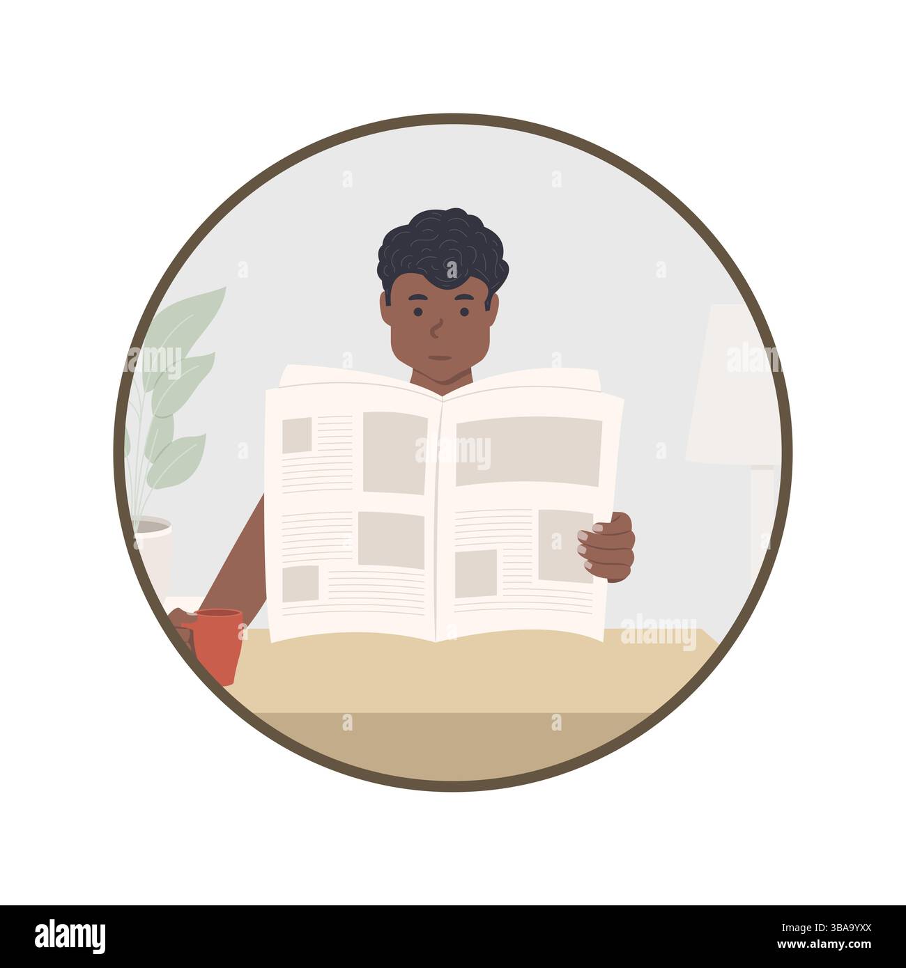 Avatar di un giovane afroamericano che legge un giornale a tavola, leggendo l'illustrazione del vettore della stampa Foto Stock