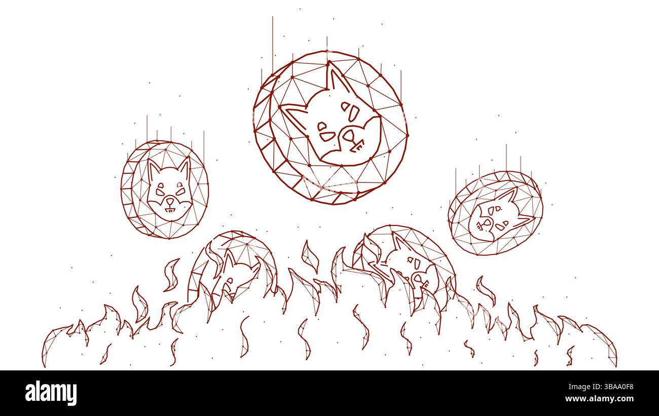 Illustrazione del vettore poligonale della combustione di Shiba inu. Le monete Shiba inu cadono nel fuoco Foto Stock