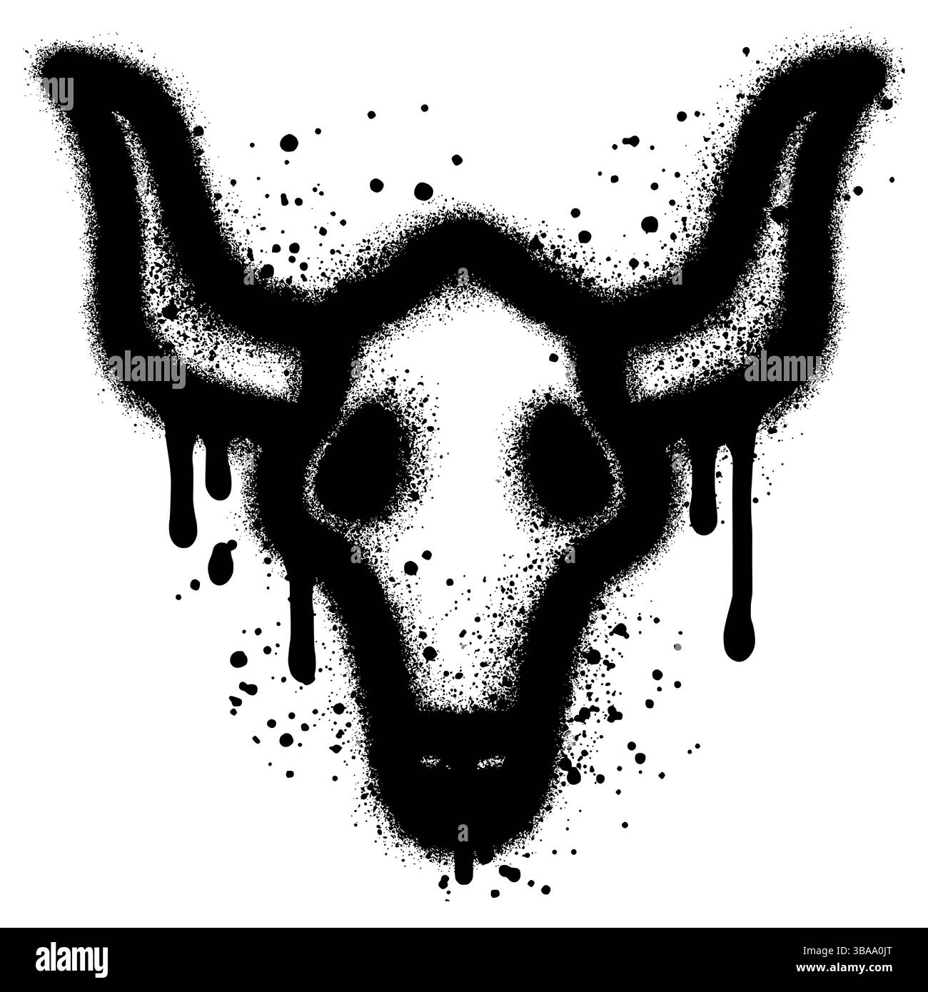 Illustrazione della testa di un toro con grandi corna. La testa del toro è raffigurata in stile graffiti, verniciata a spruzzo in nero. Illustrazione Vettoriale