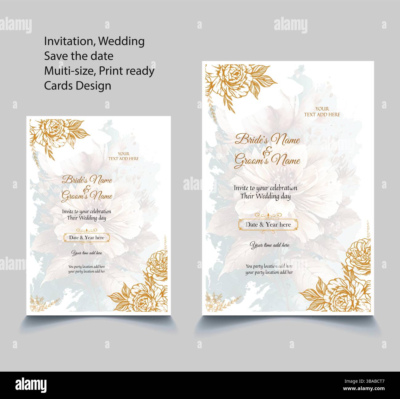Design del modello di biglietto d'invito per matrimoni con fiori d'acquerello, due modelli di tessera Save the Date, fiori bianchi e rosa. Set di modelli vettoriali.Eps10 Illustrazione Vettoriale
