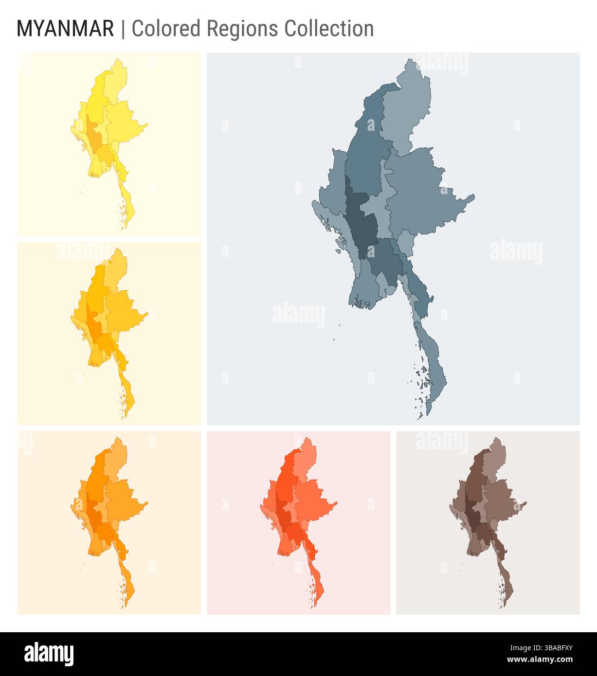 Collezione di mappe del Myanmar. Forma del paese con regioni colorate. Blu grigio, giallo, ambra, arancione, arancione profondo, tavolozze di colore marrone. Illustrazione Vettoriale