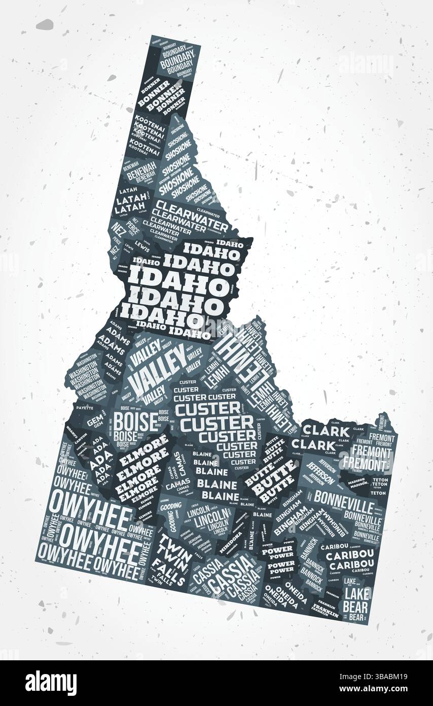 Nuvole di parole nelle contee dell'Idaho. Indicare la forma su sfondo testurizzato. Design Idaho in stile tipografico. Illustrazione vettoriale VIBRANT. Illustrazione Vettoriale