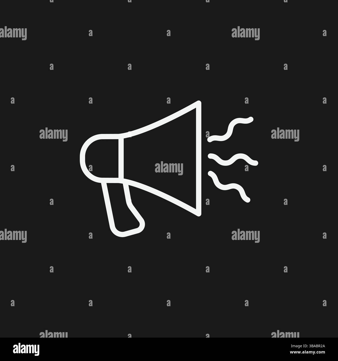 Icona megafono contorno bianco su sfondo nero con onde sonore per marketing e annuncio Illustrazione Vettoriale