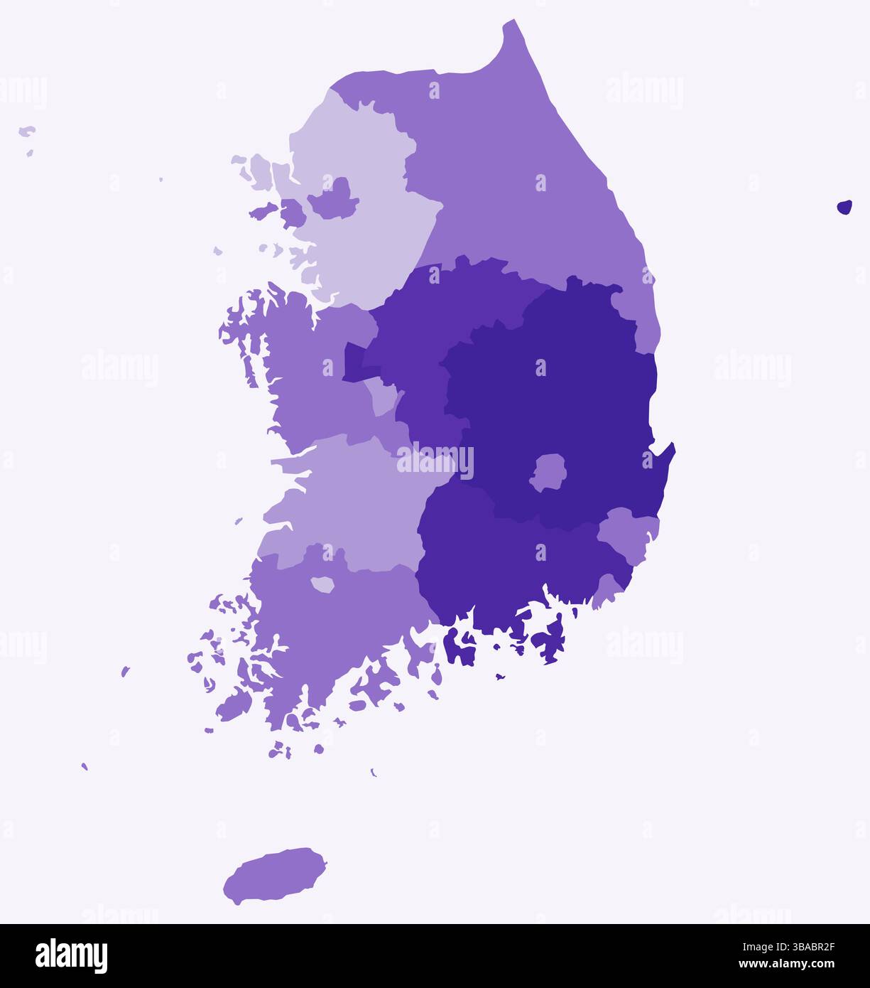 Mappa della Repubblica di Corea con le regioni. Una semplice mappa dei confini nazionali con divisioni regionali, utilizzando una tavolozza di colori viola. Illustrazione Vettoriale