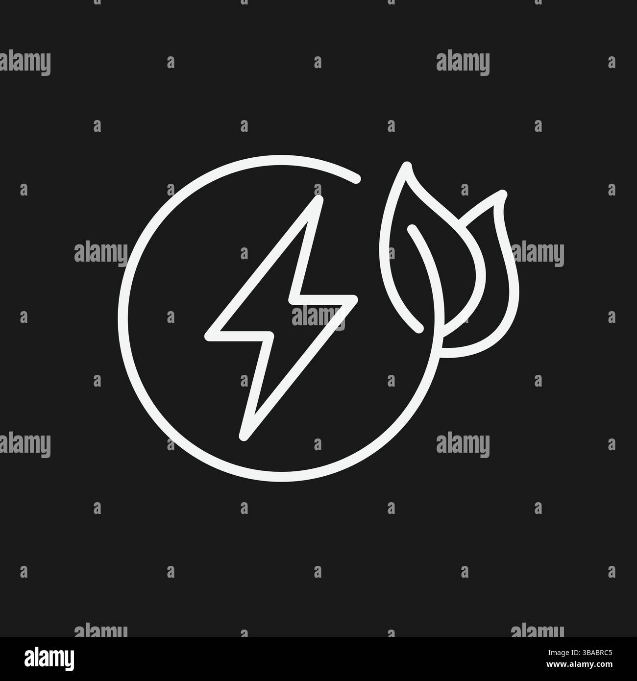 Icona minimalista Lightning Bolt and Leaf bianco su nero per un concetto ecologico di sostenibilità e risparmio energetico Illustrazione Vettoriale