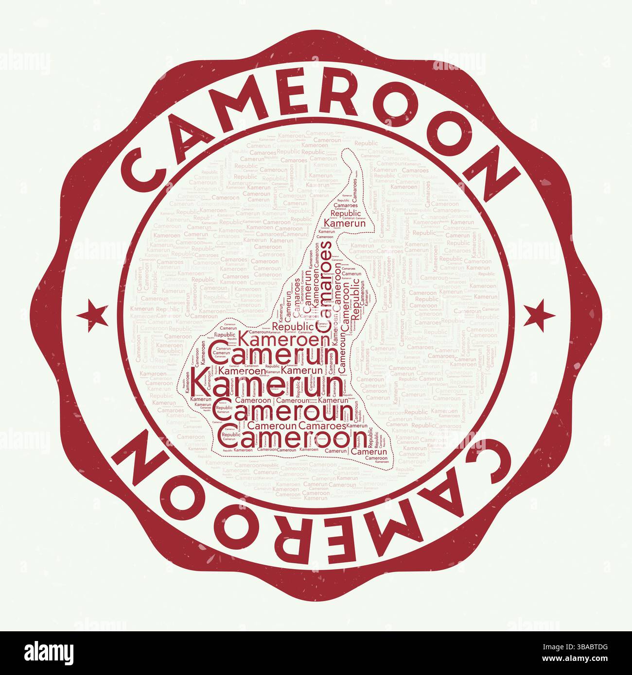 Logo del Camerun. Fantastico distintivo di paese con nuvola di parole a forma di Camerun. Emblema rotondo con il nome del paese. Illustrazione vettoriale creativa. Illustrazione Vettoriale