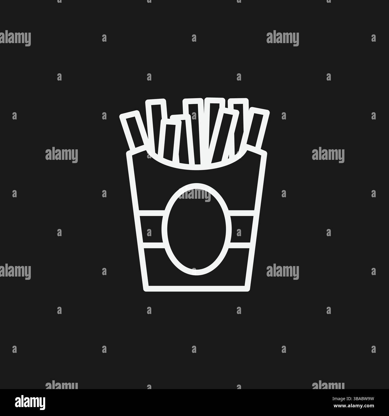 Disegno minimalista della linea bianca sull'icona delle patatine fritte su sfondo nero per il marchio Fast Food Illustrazione Vettoriale