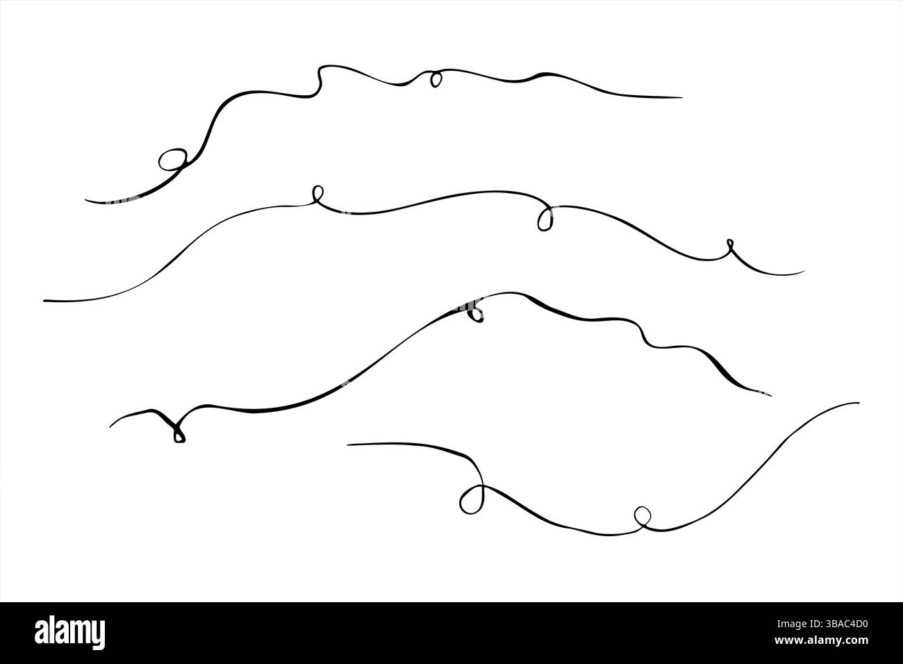 Linee astratte ondulate e vorticose con loop in stile vettoriale bianco e nero. Linea minimalista dipinta con inchiostri neri per un marchio moderno e alla moda Illustrazione Vettoriale