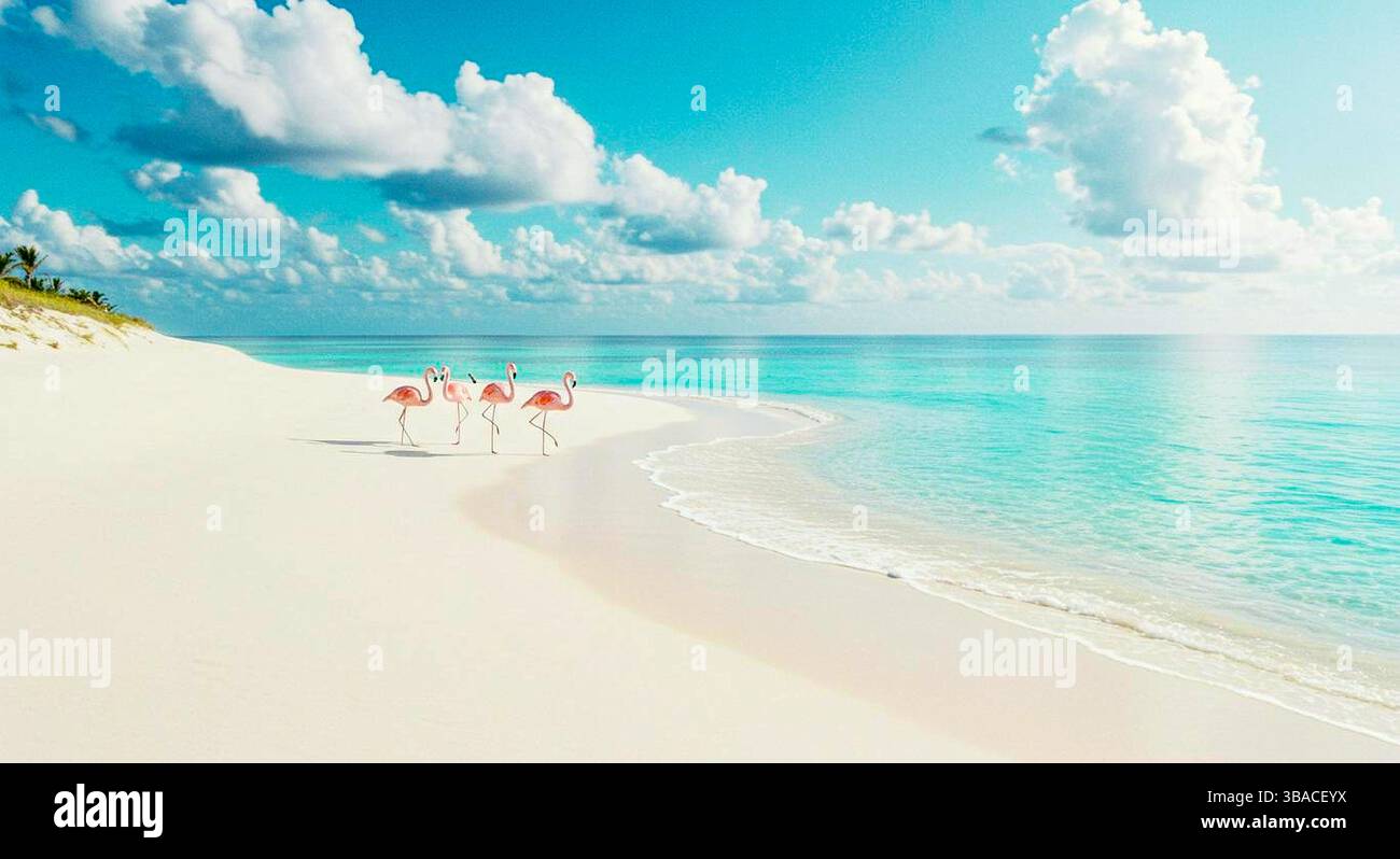 Uno stormo di fenicotteri rosa su una spiaggia di sabbia bianca. Foto Stock