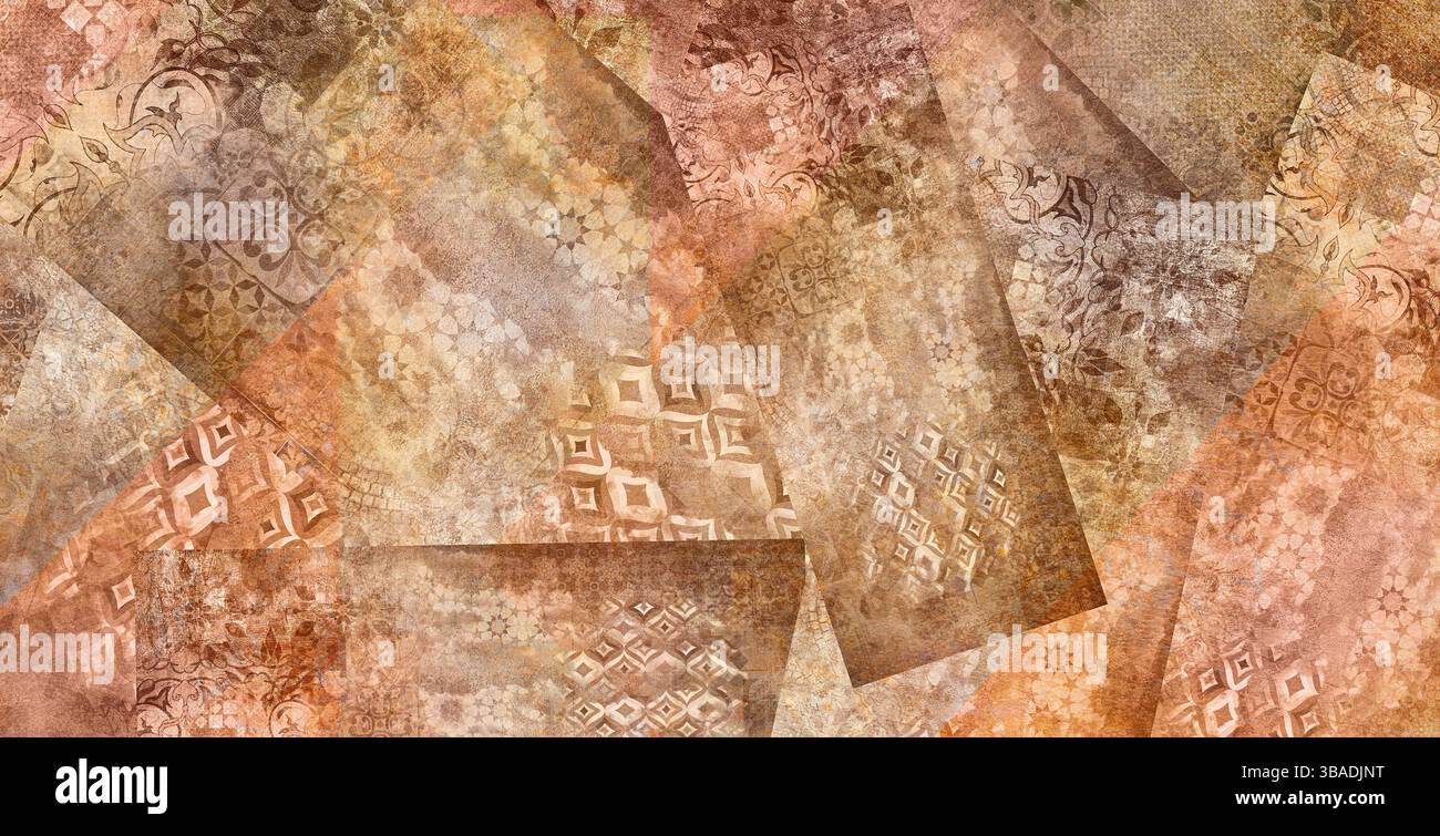 Presentazione bifold del mosaico geometrico astratto . sfondo texture tela con motivo islamico .i motivi su pavimento vintage . Vecchio grigio marrone arrugginito Foto Stock
