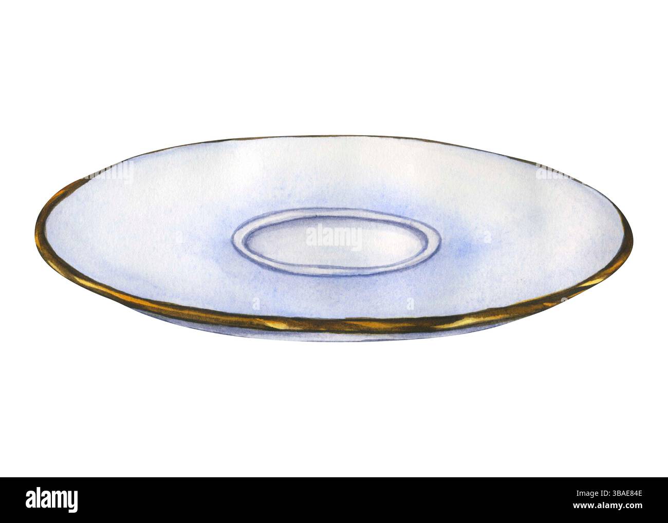 Piattino in porcellana in ceramica. Illustrazione disegnata a mano in acquerello della piastra isolata. Piatto da tè dorato ornato per una cerimonia del tè pomeridiano inglese o b Foto Stock