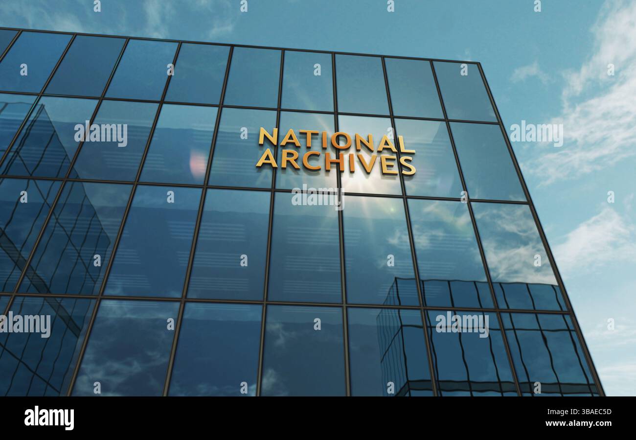 Edificio in vetro degli archivi nazionali. Simbolo commerciale dell'algoritmo di intelligenza artificiale sull'illustrazione 3d della facciata anteriore. Foto Stock