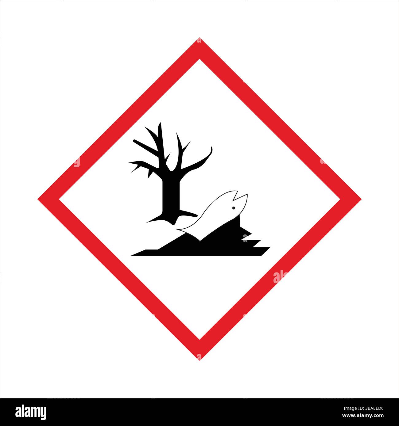 Simbolo di pericolo ambientale rosso e nero avvertenza di pericolo per gli alberi e gli organismi acquatici. Illustrazione Vettoriale