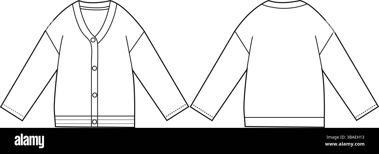 Disegno semplice della linea di un Cardigan con scollo a V - schizzo piatto (vista frontale e posteriore) Illustrazione Vettoriale