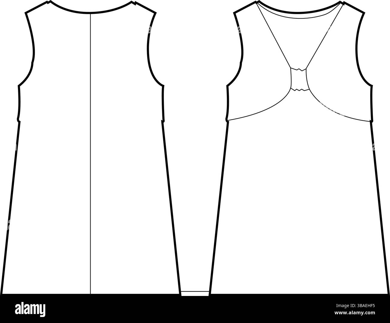 La linea semplice di un abito estivo senza maniche è caratterizzata da uno schizzo tecnico alla moda sul davanti e sul retro Illustrazione Vettoriale