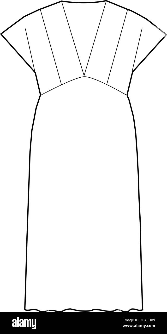 La linea semplice di un abito Midi a maniche Kimono - schizzo alla moda piatto per il design dell'abbigliamento Illustrazione Vettoriale