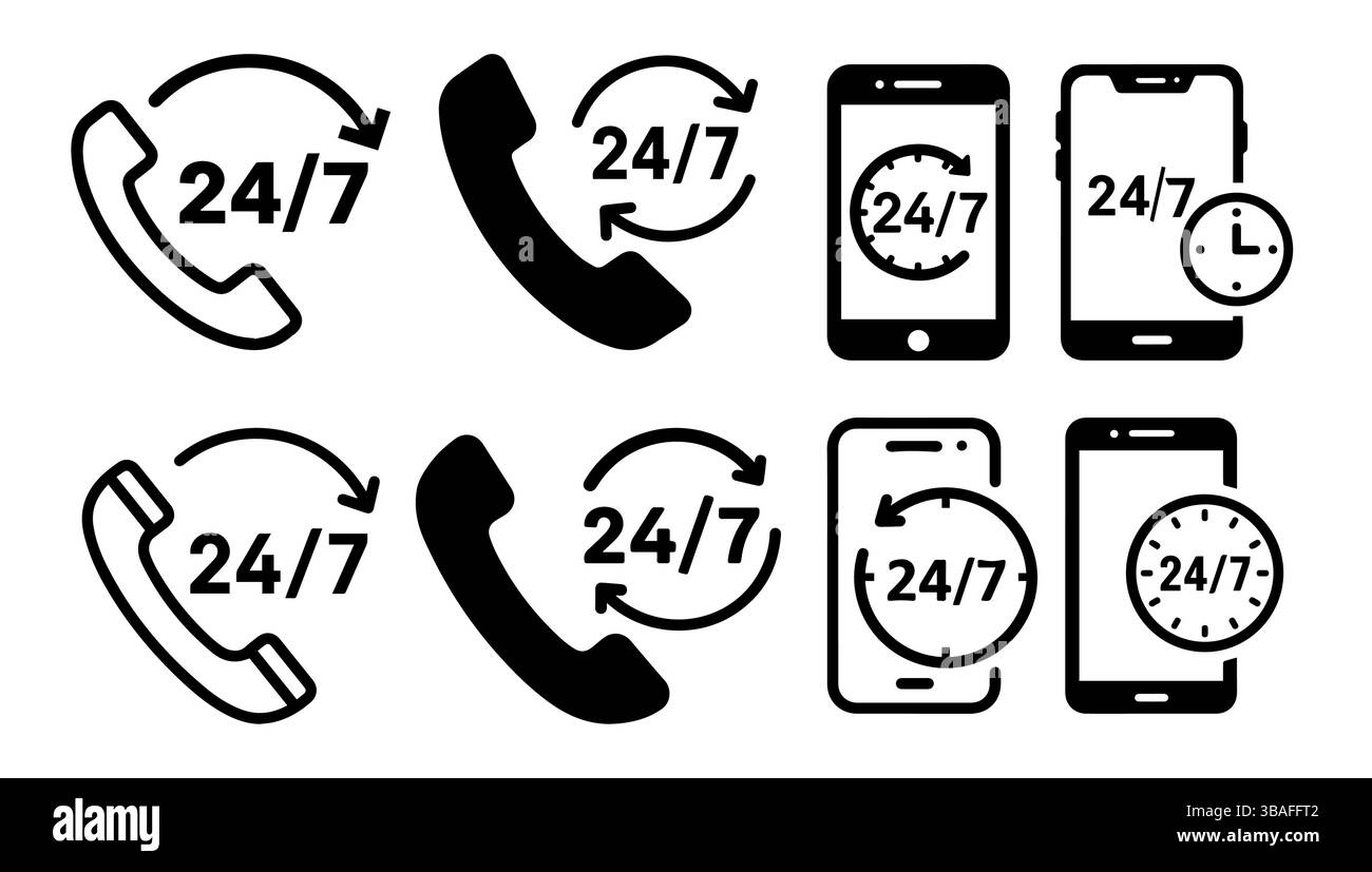 24/7 Set di icone del supporto clienti – simboli del servizio telefonico e mobile , Set di ventiquattro sette icone vettoriali del supporto del call center Illustrazione Vettoriale