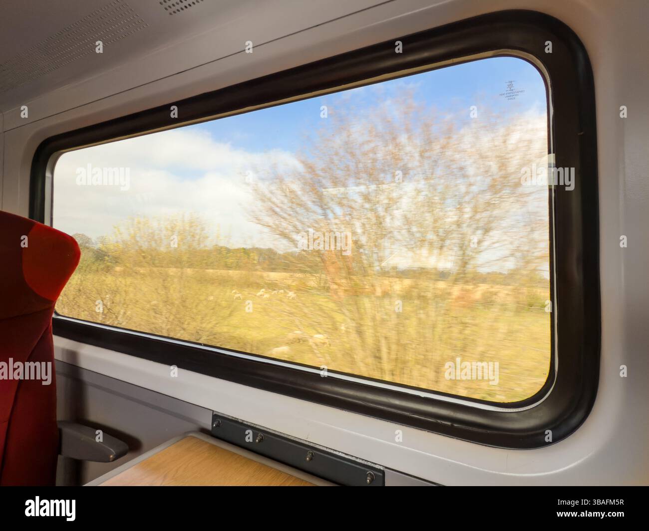 Grande finestra del treno mentre passa davanti ai terreni rurali Foto Stock
