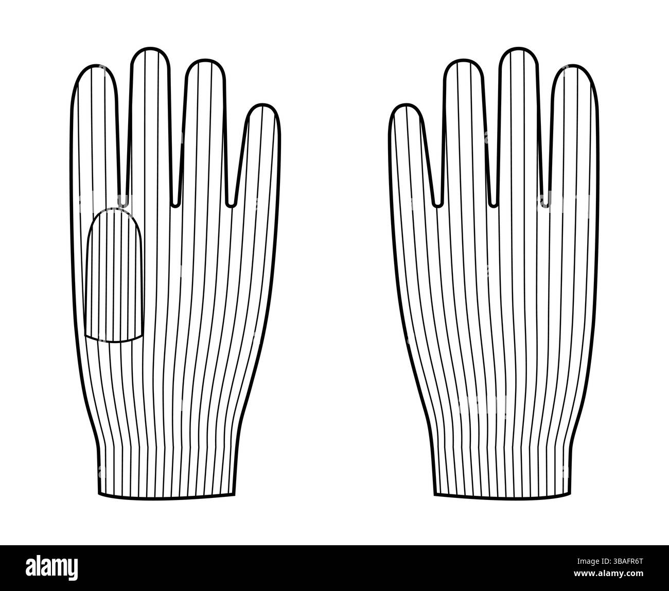 Guanti in lana a maglia corta accessori per mano moda indumenti per illustrazione tecnica. Vista posteriore del palmo frontale vettoriale per uomo donna, modello piatto unisex, contorno schizzo modello CAD Illustrazione Vettoriale
