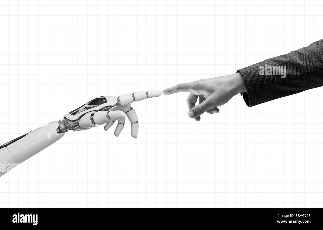 Tocchi con dita umane e robot, collaborazione uomo-macchina, futuro dell'automazione, sviluppo futuristico, collage d'arte contemporanea in bianco e nero Foto Stock Tocchi con dita umane e robot, collaborazione uomo-macchina, futuro dell'automazione, sviluppo futuristico, collage d'arte contemporanea in bianco e nero Foto Stock